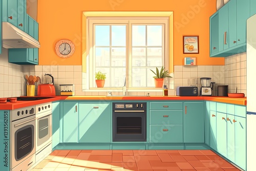 Modern Kitchen Interior Design with Blue Cabinets and Orange Walls - Bright, Colorful, and Functional Home Space with Natural Light