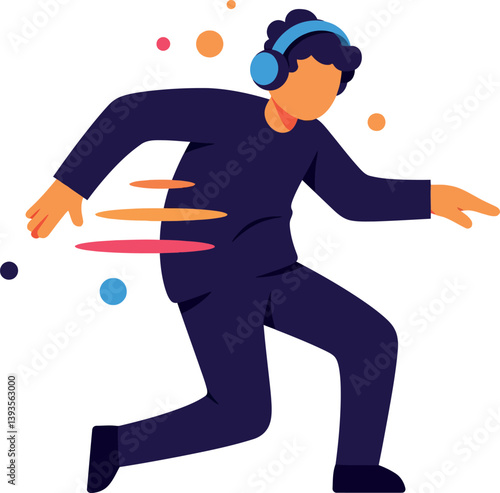 Active young man in stylish outfit with headphones dancing energetically in flat vector art