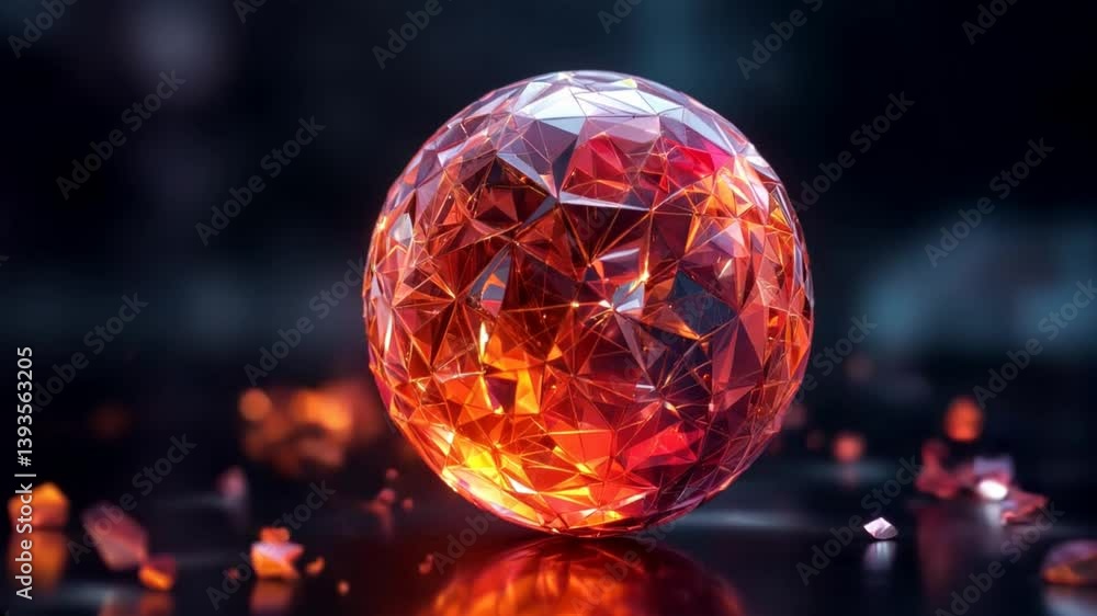 Glowing Low Poly Sphere Digital Art: Abstract Orange and Red Geometric Orb with Shattering Fragments Glowing Low Poly Sphere Digital Art: Abstract Orange and Red Geometric Orb with Shattering Fragments