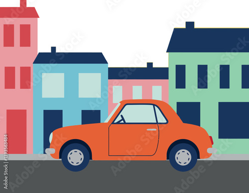 Orange car driving past colorful buildings in a flat vector illustration