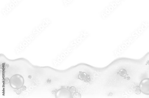 Foam effect isolated on white background. Soap, gel or shampoo bubbles overlay suds texture. Vector soapy template