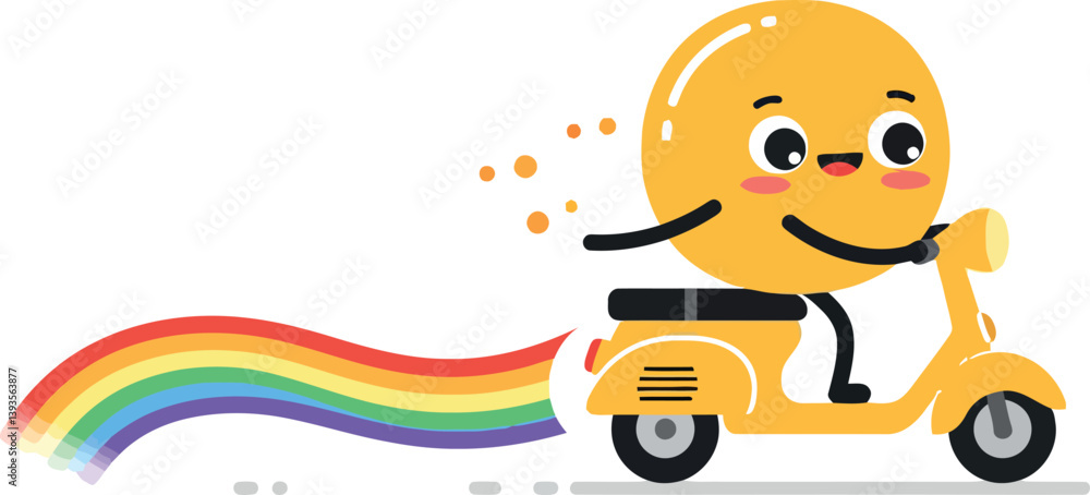 Fototapeta premium Cheerful yellow character riding a scooter with a rainbow trail in a flat vector illustration