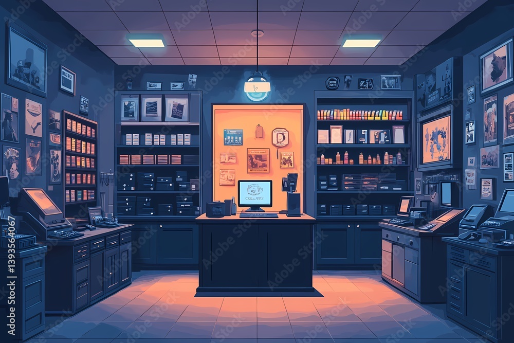 Modern Retail Store Interior: Checkout and Counter Design with Technology and Artwork Display Modern Retail Store Interior: Checkout and Counter Design with Technology and Artwork Display