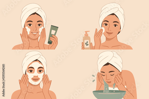 Skincare routine with facial cleansing and moisturizing techniques for healthy skin