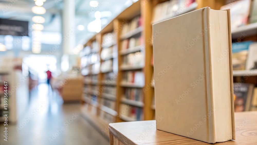 Fototapeta premium A book standing upright on a wooden table in a library with bookshelves in the blurred background