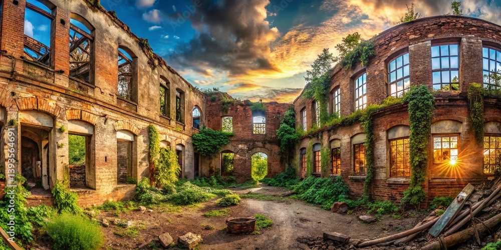Fototapeta premium Abandoned Buildings Grim Panoramic Vista Shattered Windows and Decay Reveal a Story of Neglect