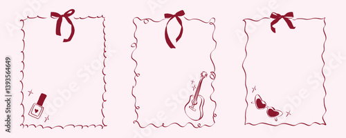 Hand drawn coquette frames. Vintage cute borders with ribbon and bow in simple crayon and sketch style. Trendy art for bachelorette party and wedding invitations. Line art vector illustration