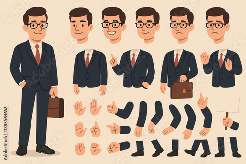 Businessman character creation kit with various expressions and gestures