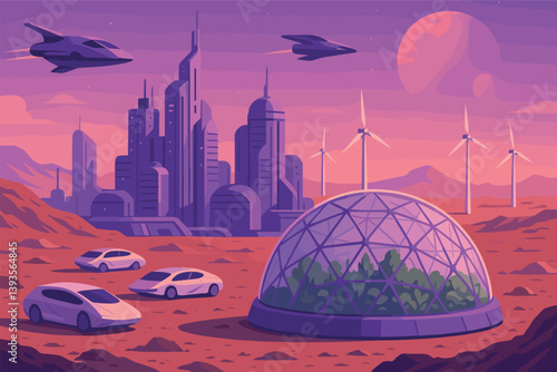 Futuristic martian city with domed garden and hover cars at sunset
