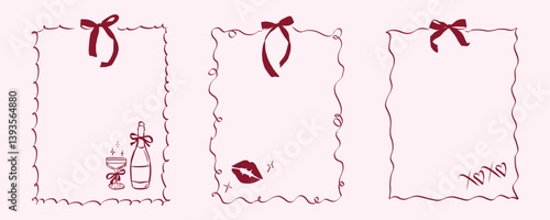 Hand drawn coquette frames. Vintage cute borders with ribbon and bow in simple crayon and sketch style. Trendy art for bachelorette party and wedding invitations. Doodle vector illustration
