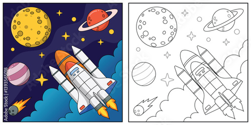 spaceship cartoon line art for kids coloring page book vector illustration