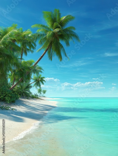 Fototapeta Naklejka Na Ścianę i Meble -  Illustration of tropical nature clean beach and white sand in summer with palm tree. Tropical beach with palm trees and a lot of copy space. 3D realistic illustration.