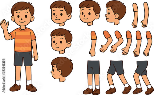 Cartoon character creation with boy in various poses for animation projects