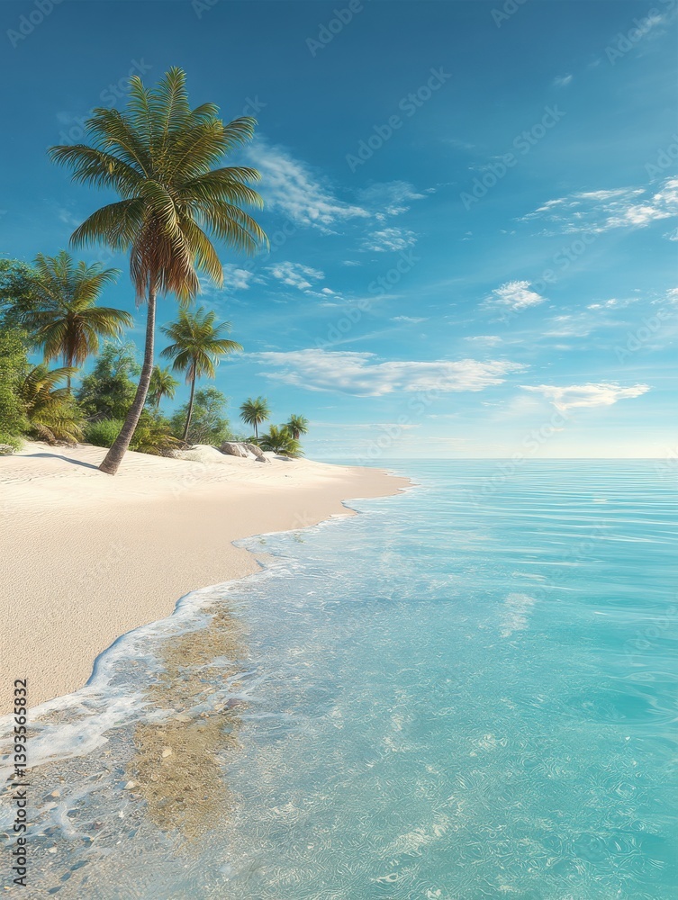 custom made wallpaper toronto digitalIllustration of tropical nature clean beach and white sand in summer with palm tree. Tropical beach with palm trees and a lot of copy space. 3D realistic illustration.