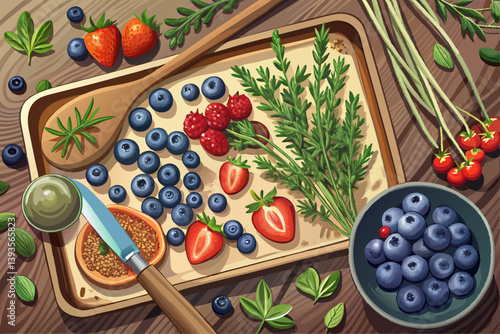 vector of Thyme, peppercorns, blueberries and strawberries on rustic baking sheet