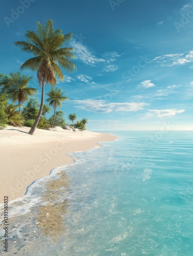 Wallpaper Mural Illustration of tropical nature clean beach and white sand in summer with palm tree. Tropical beach with palm trees and a lot of copy space. 3D realistic illustration. Torontodigital.ca