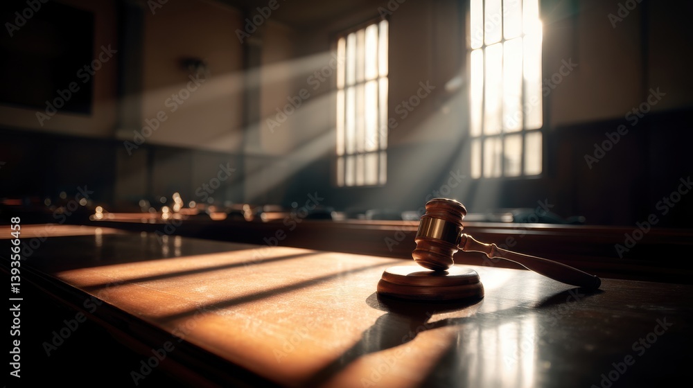 Judicial gavel in an empty courtroom with sunlight streaming through windows, symbolizing law, justice, and legal proceedings. Judicial gavel in an empty courtroom with sunlight streaming through windows, symbolizing law, justice, and legal proceedings.