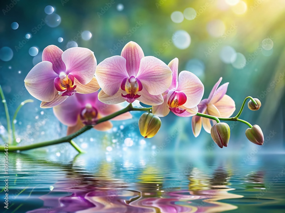 Exquisite Orchids Suspended in Delicate Water Droplets A Panoramic View of Botanical Beauty