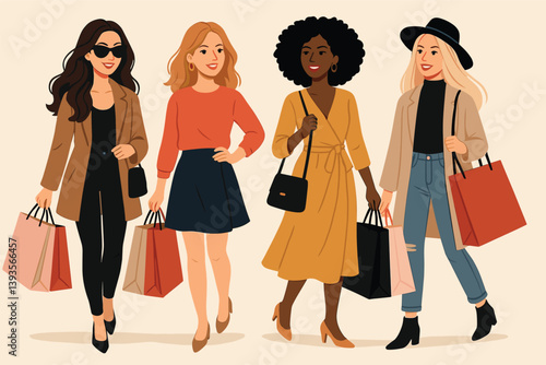 Women enjoying fall fashion shopping with bags and stylish outfits