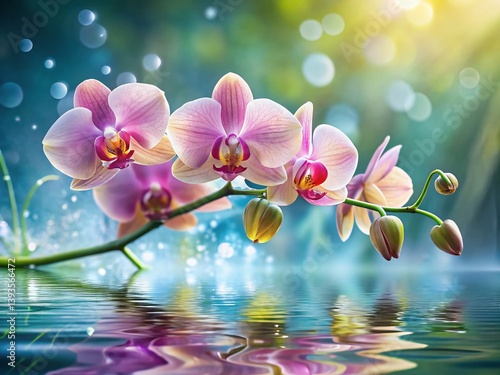 Obraz na płótnie Exquisite Orchids Suspended in Delicate Water Droplets A Panoramic View of Botanical Beauty w salonie