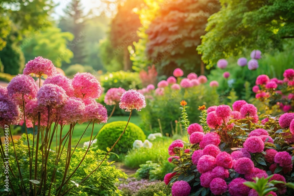 Obraz premium Stunning Panoramic View of a Vibrant Pink Flower Garden Lush Blooms and Delicate Petals in a Picturesque Setting