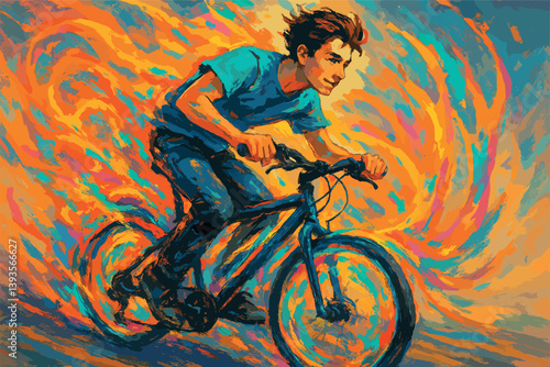 Dynamic colorful painting of a cyclist with vivid energy swirls