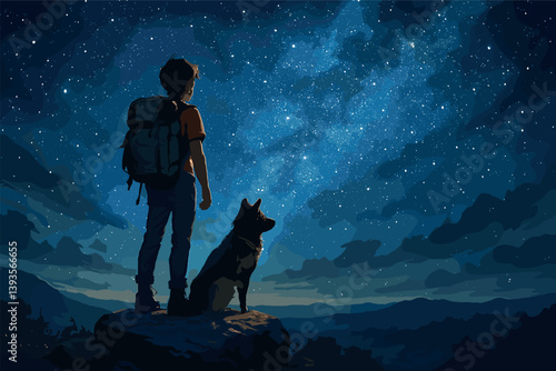 Stargazing adventure with boy and dog under night sky in nature