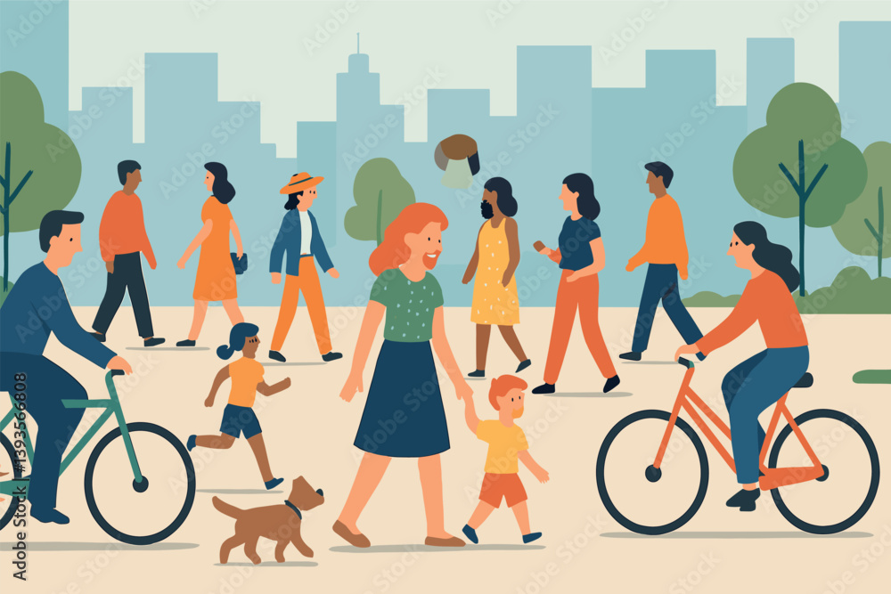 Urban park scene with people biking walking and playing in city landscape