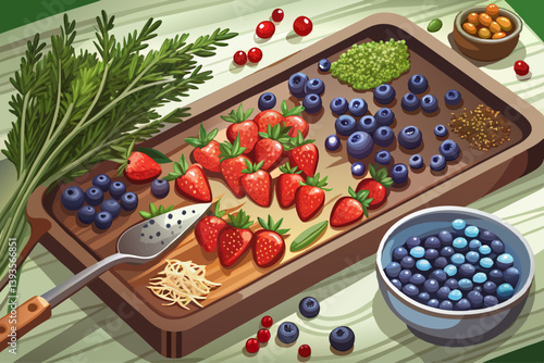vector of Thyme, peppercorns, blueberries and strawberries on rustic baking sheet