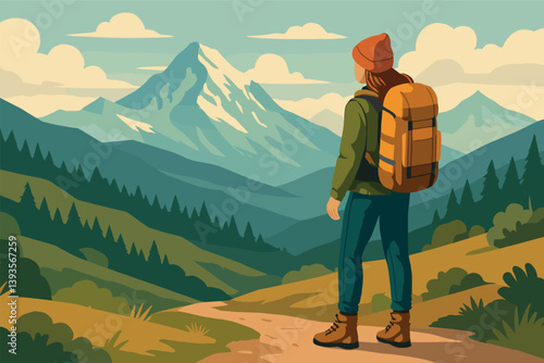 Hiker in mountain landscape with backpack exploring nature adventure