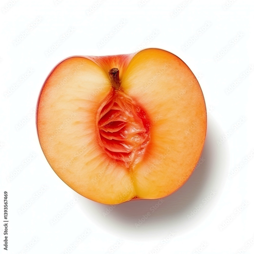 A juicy peach, halved and photographed against a stark white background. The vibrant colors and textures of the fruit are showcased in exquisite detail. A juicy peach, halved and photographed against a stark white background. The vibrant colors and textures of the fruit are showcased in exquisite detail.