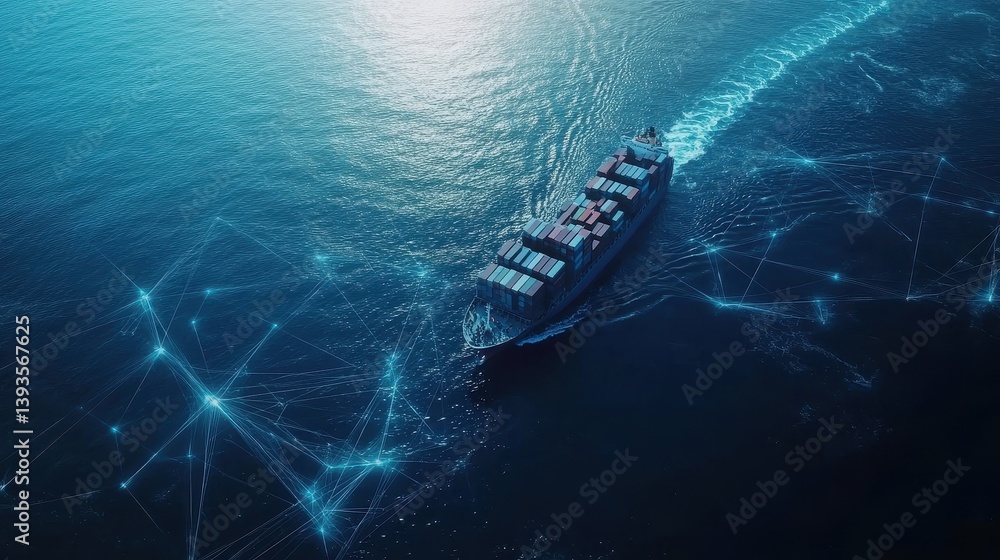 Fototapeta premium Container ship at sea with digital network links, digital trade network connection concept, global shipping industry. 