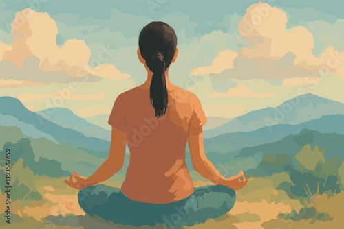 Serenity in nature: woman practicing yoga and meditation outdoors amidst scenic mountains