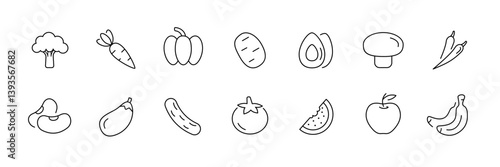 Simple linear fruit and vegetable icon set for healthy living designs