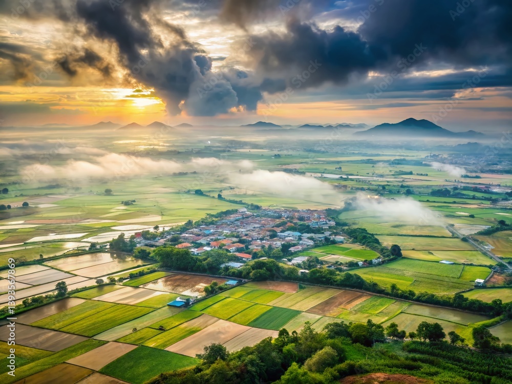 Stunning Panoramic View of Tay Ninh Rice Paddies Lush Green Terraces and Picturesque Villages Unveiled
