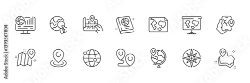 Linear map and navigation icons set for digital and print designs