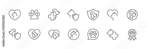 Linear pet care icon set: veterinary, grooming, safety, and health symbols