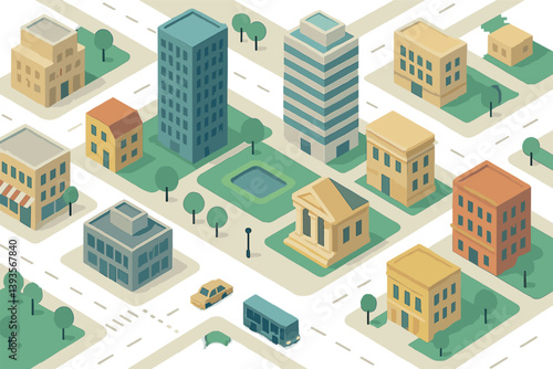 Isometric cityscape with buildings and streets for urban planning design