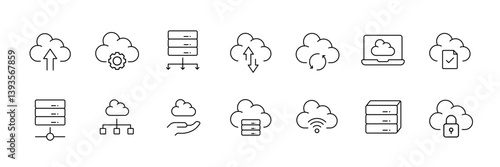 Cloud computing icon set: linear style for data storage and networking solutions