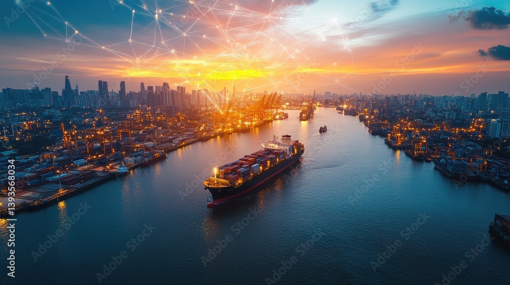 Naklejka premium Container ship at sea with digital network links, digital trade network connection concept, global shipping industry. 