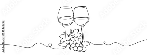 Continuous line, two glasses of wine and a bunch of grapes. line art vector illustration with white background editable stroke.