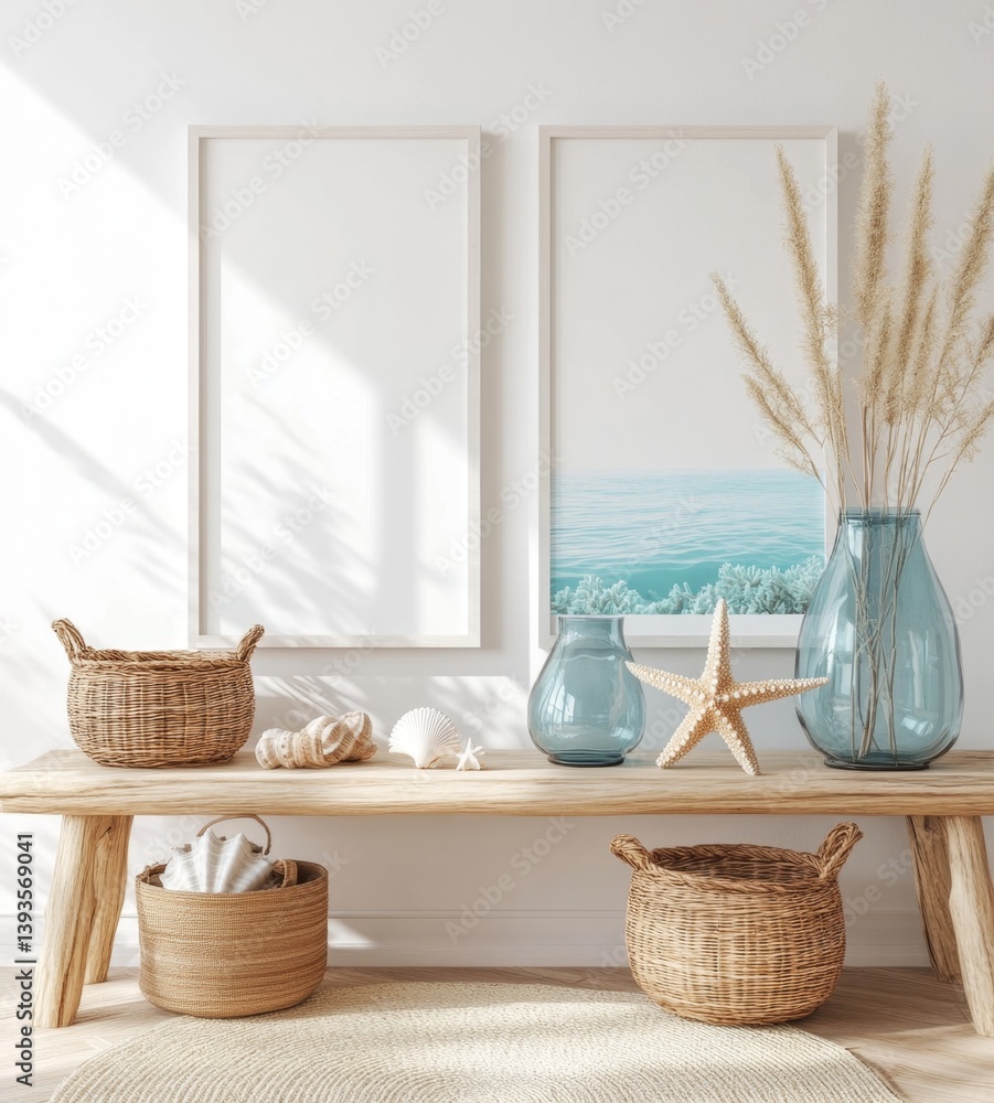 Fototapeta premium Coastal living room decor. Sun-drenched, serene, light and airy space with a natural theme