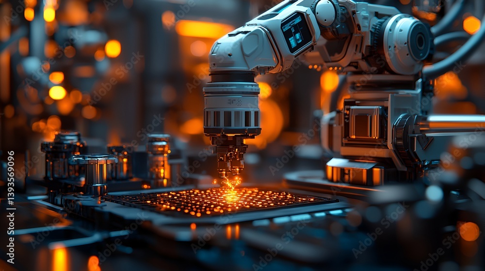 Futuristic robot arm soldering circuit board in a high-tech factory Futuristic robot arm soldering circuit board in a high-tech factory
