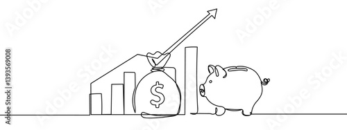 Continuous line, financial business illustration, graph, piggy bank line art vector illustration with white background editable stroke.