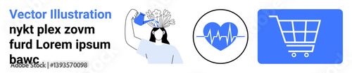 Woman nurturing dollar plant, heart with pulse line, and shopping cart in distinct icons. Ideal for health, finance, shopping, wellness, sustainability, technology simple landing page