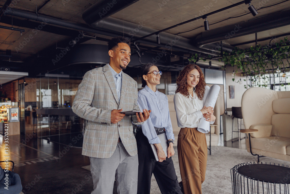 A diverse group of skilled professionals sharing innovative ideas in a contemporary office designed for collaboration A diverse group of skilled professionals sharing innovative ideas in a contemporary office designed for collaboration