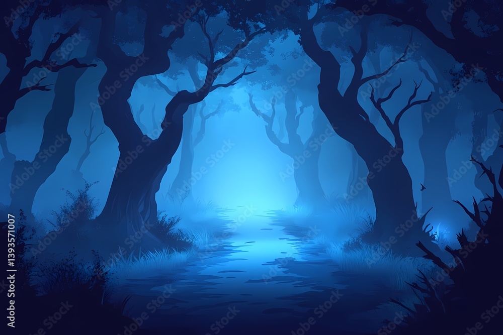 Mystical Forest at Night: Enchanted Blue Light and Silvery Moonlight Reflection in Scenic Landscape Mystical Forest at Night: Enchanted Blue Light and Silvery Moonlight Reflection in Scenic Landscape