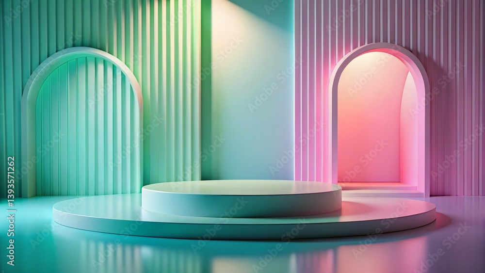 Stunning Pastel Abstract Background for Panoramic 3D Display Podium A Versatile Empty Showcase for Product Presentation Stunning Pastel Abstract Background for Panoramic 3D Display Podium A Versatile Empty Showcase for Product Presentation