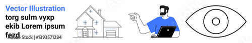 House graphic, man using a laptop pointing towards the eye symbol. Ideal for home security, technology integration, professional work, vision, identity, internet safety, flat landing page banner