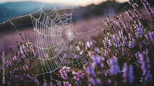 Delicate spider web glistens with dew among lavender flowers at dawn in a serene meadow